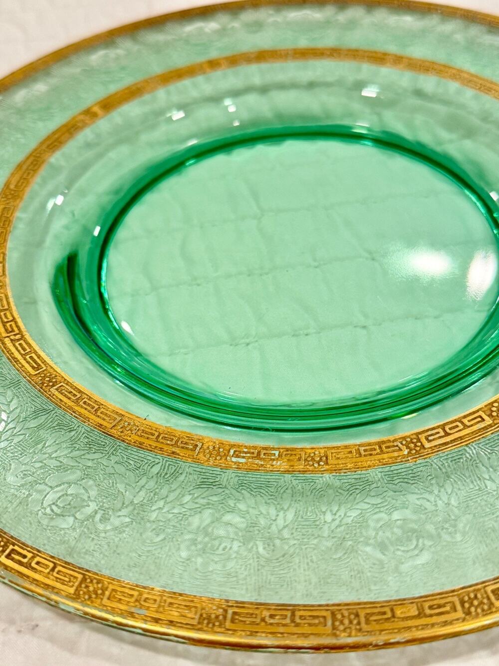 Antique Uranium Glass 10” Plate Gold Greek Key Floral Etched Green VTG 1920s 30s